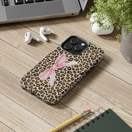 Letter K Chic Leopard Print Y2k Phone Cases with Pink Bow as letter K, Stylish Phone Accessories, Gift for Her, Trendy Tech Protectors, Animal Print Cases