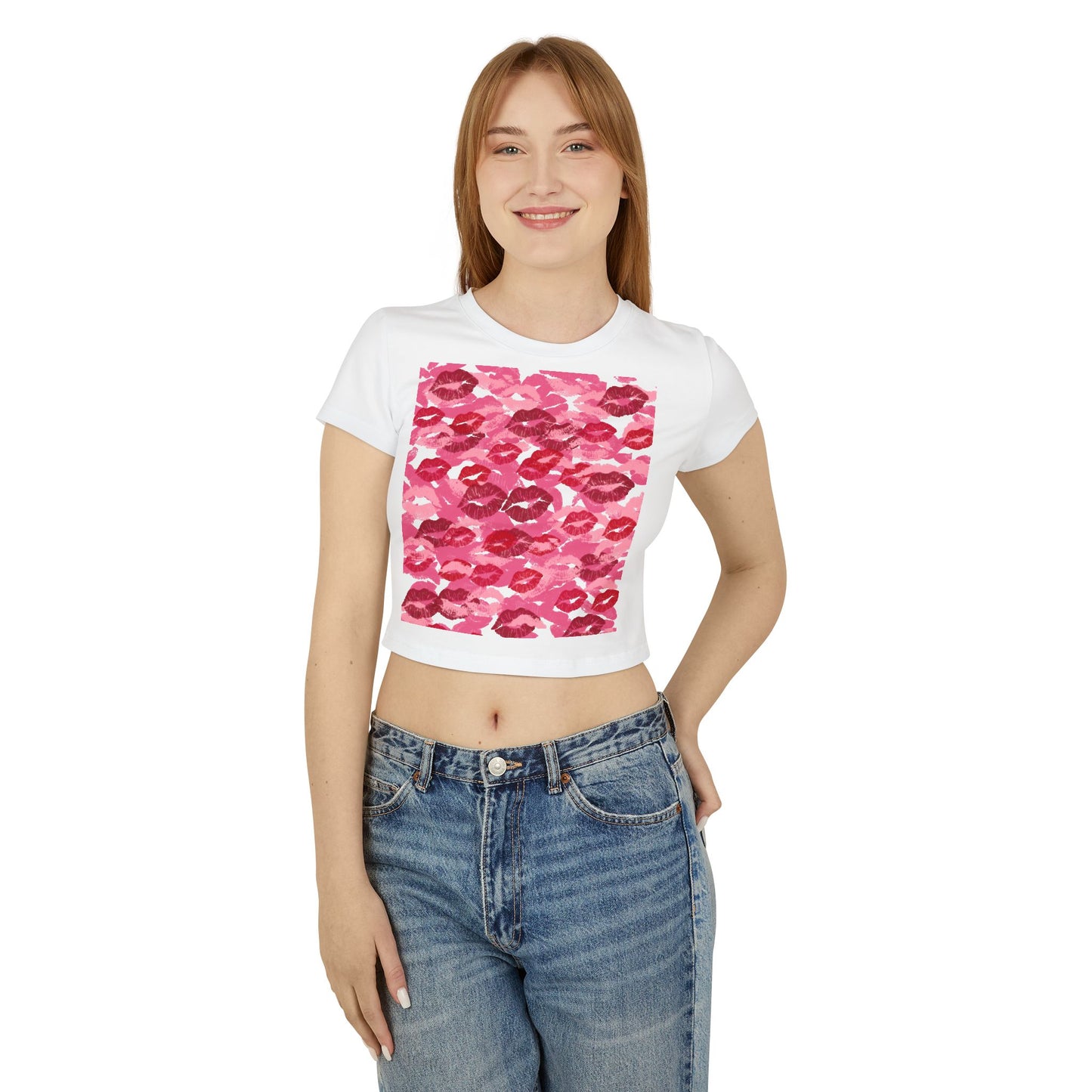 Kiss Print Women's Baby Tee, Cute Summer Shirt, Gift for Her, Valentine's Day Top, Trendy Casual Wear