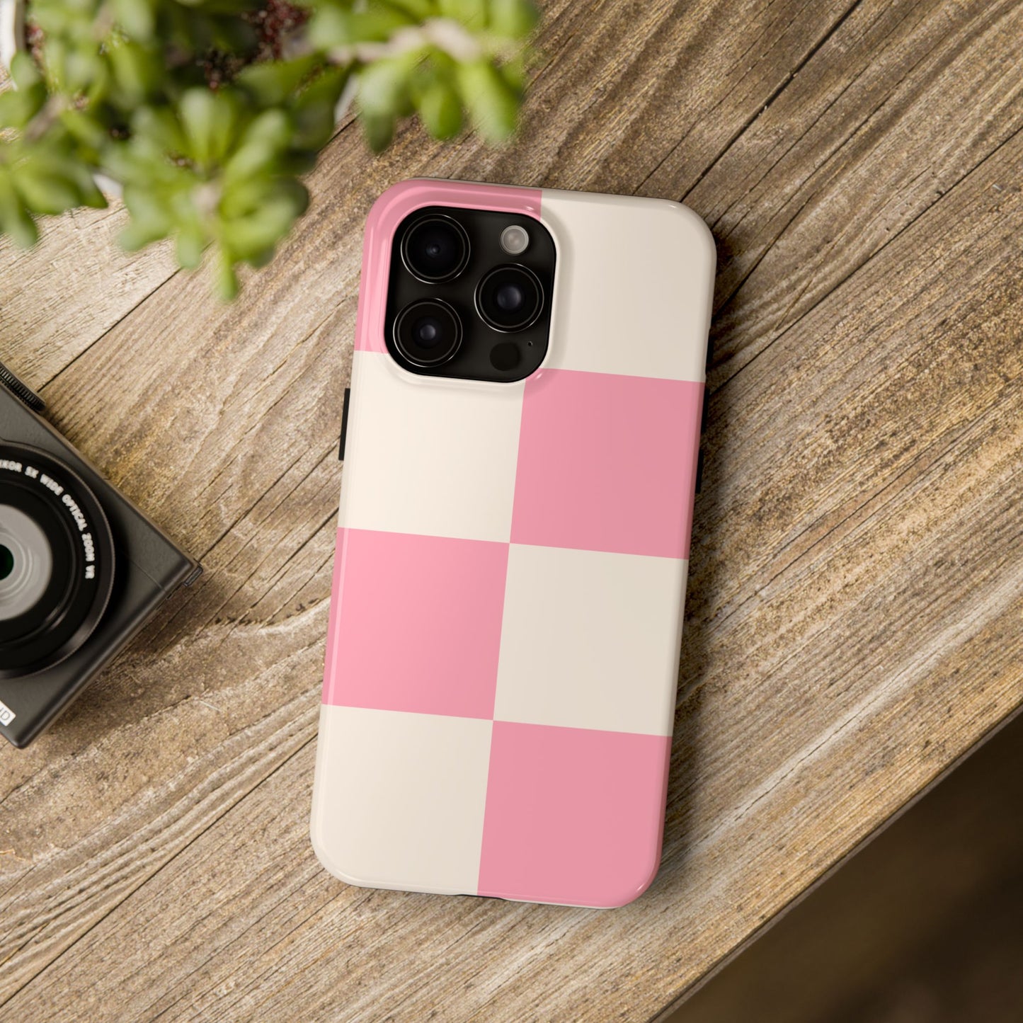 Cute Stylish Tough Phone Cases with Pink and Beige Checkered Design