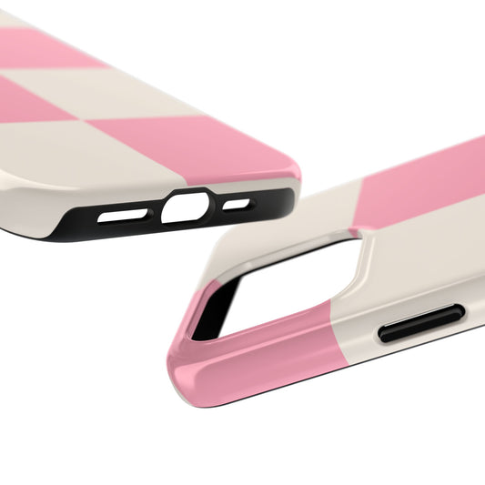 Cute Stylish Tough Phone Cases with Pink and Beige Checkered Design
