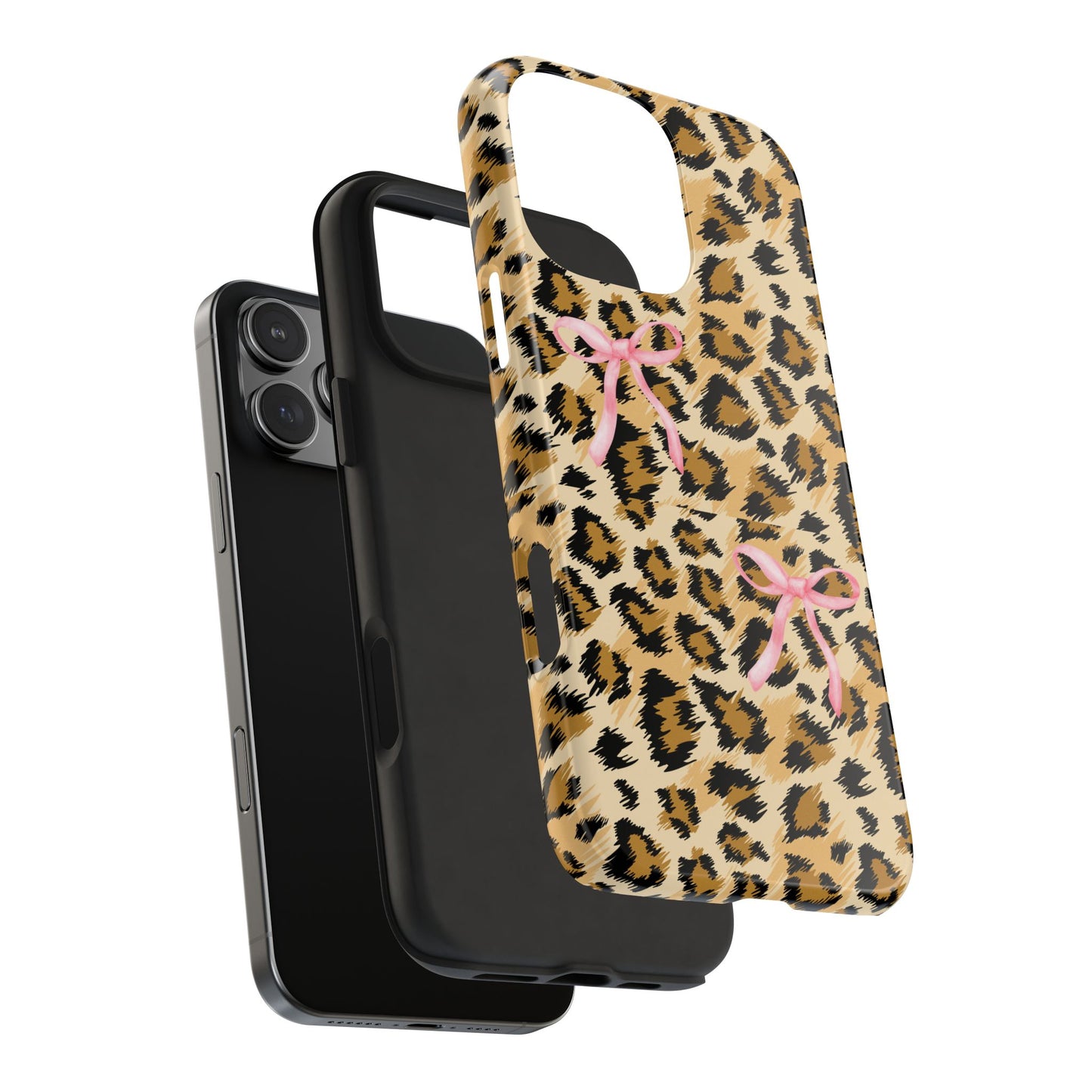 Leopard Print Tough Phone Case with Pink Bows | Stylish & Durable Phone Protection