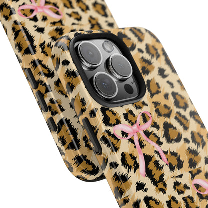 Leopard Print Tough Phone Case with Pink Bows | Stylish & Durable Phone Protection