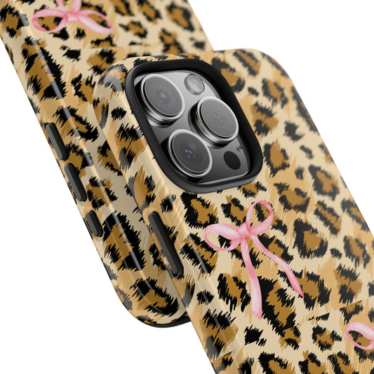 Leopard Print Tough Phone Case with Pink Bows | Stylish & Durable Phone Protection