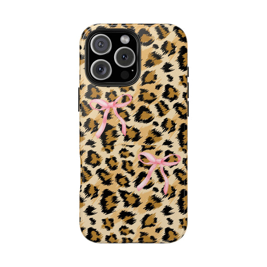 Leopard Print Tough Phone Case with Pink Bows | Stylish & Durable Phone Protection