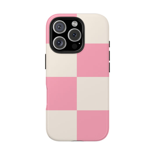 Cute Stylish Tough Phone Cases with Pink and Beige Checkered Design
